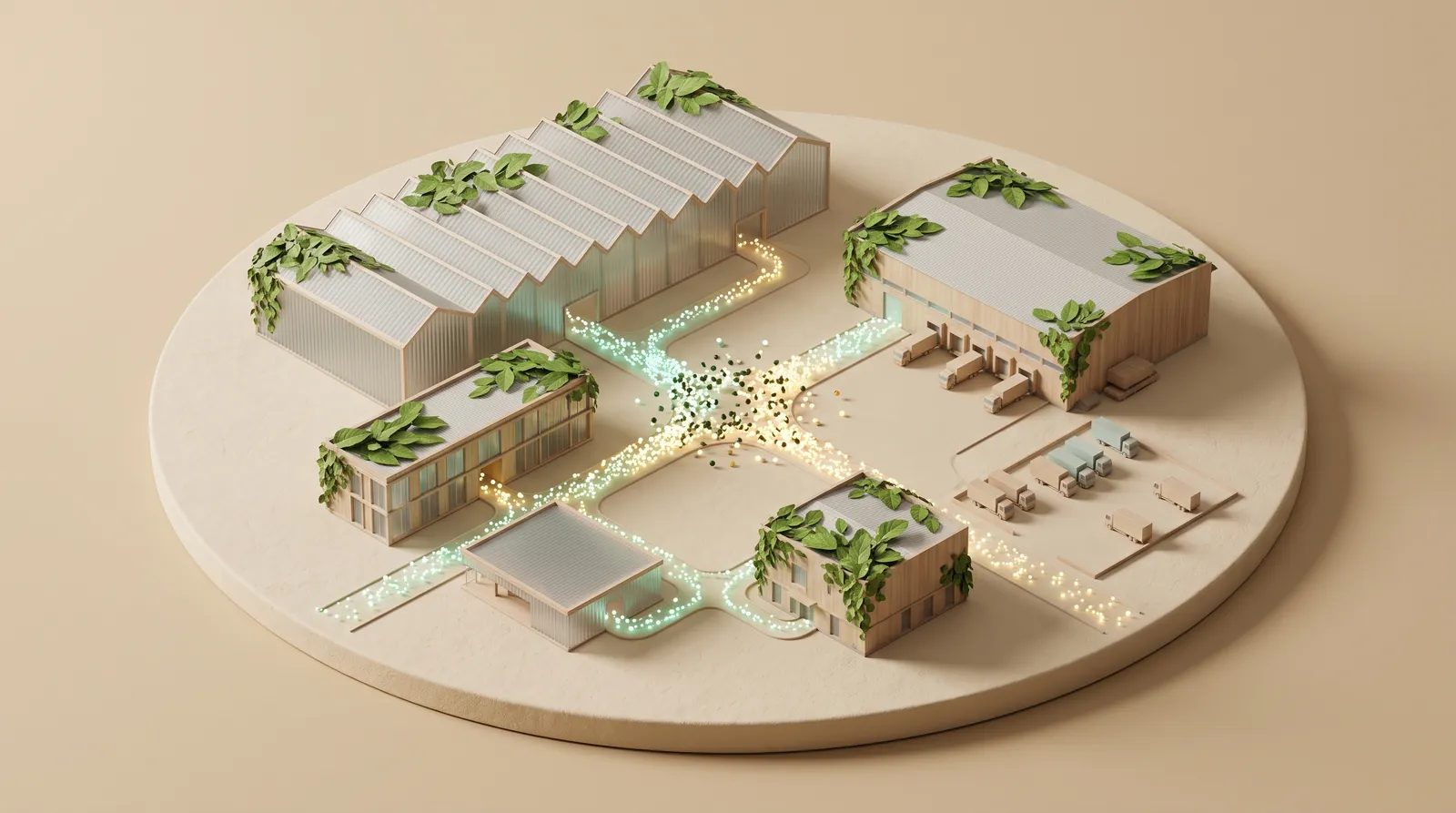 Modell eines Werks auf einer runden Sandplatte: Produktionshalle mit Sheddach, Bürohaus, Lager mit Rampen, Labor und Service-Pavillon. An der Kreuzung in der Mitte stauen sich leuchtende Datenteilchen.