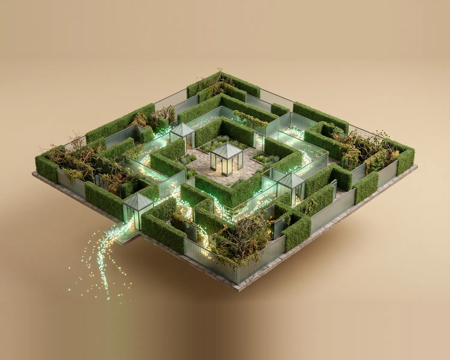 Schwebendes Labyrinth aus Hecken und gerillten Glaswänden, ein Lichtpfad aus Datenteilchen führt zur offenen Mitte mit einem Glaspavillon