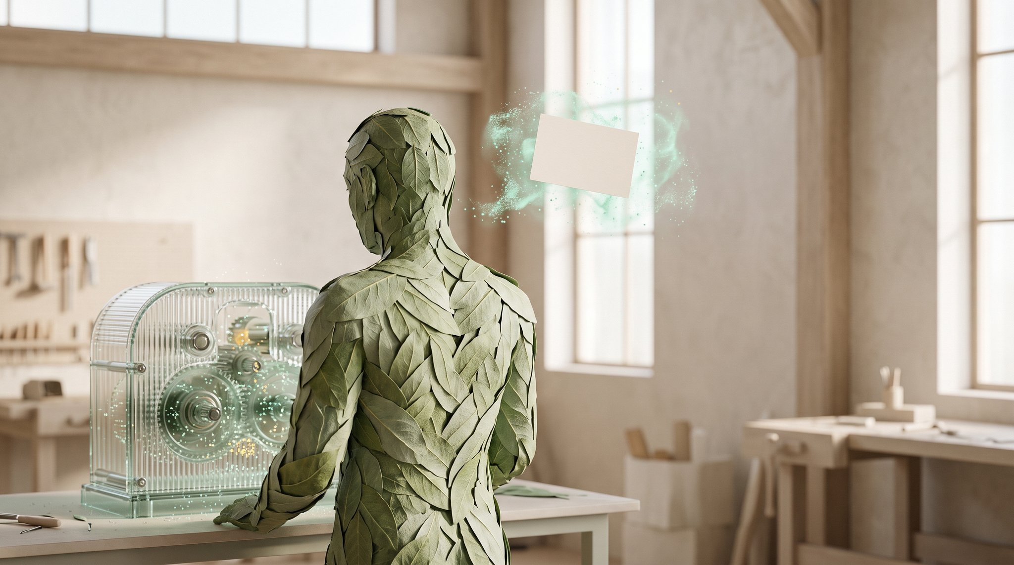 Motiv zur Abteilung Produktion: Blätter, Glas und Datenteilchen in der brandnext-Bildsprache