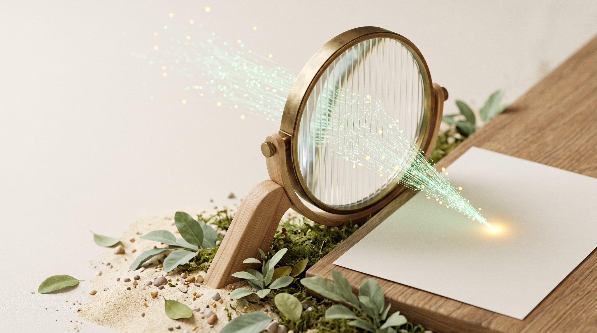 Motiv zur Abteilung Qualitätsmanagement: Blätter, Glas und Datenteilchen in der brandnext-Bildsprache