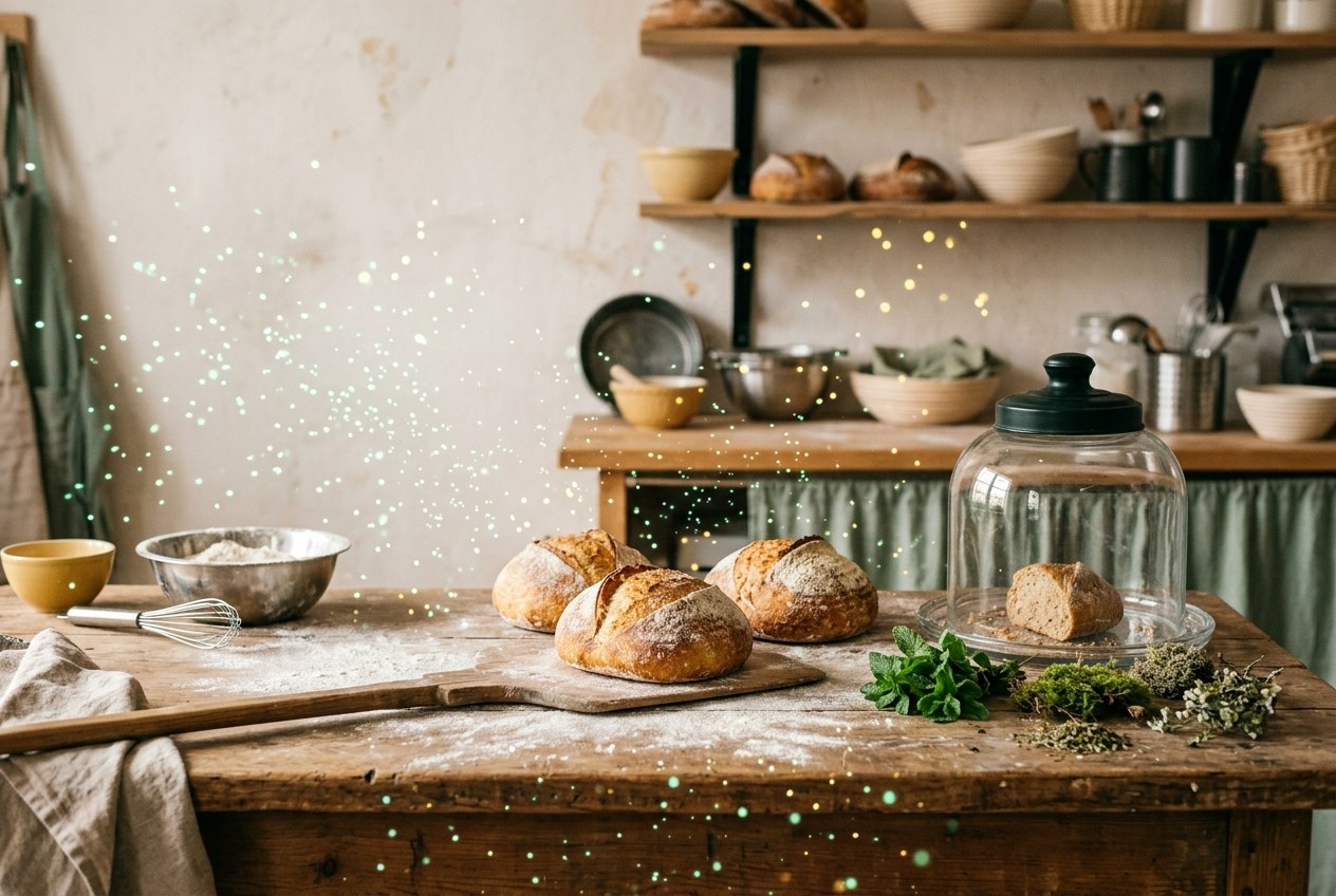Backstube mit bemehltem Holztisch, Broten, Glashaube und Glasplatte, daneben Laub und leuchtende Teilchen