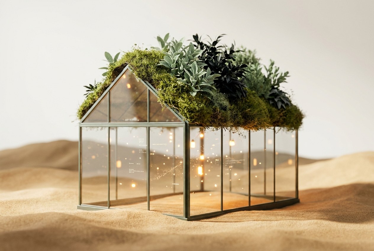 Kleines Glashäuschen mit Dachgarten aus Laub und Moos im Sand, warmes Licht im Inneren, feine Datenteilchen