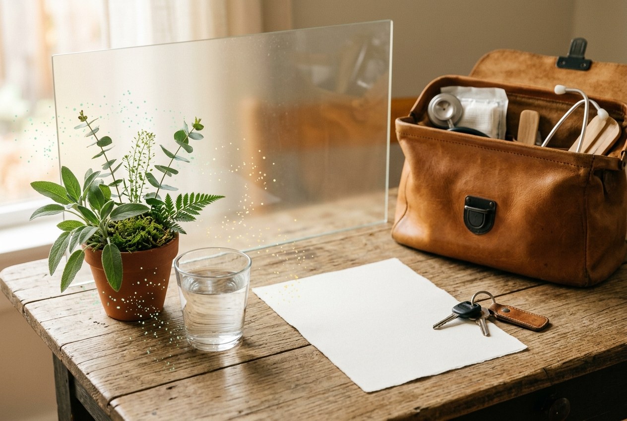 Lederne Pflegetasche, leeres Blatt, Autoschlüssel, Wasserglas und Topfpflanze auf einem Holztisch vor einer Glasscheibe