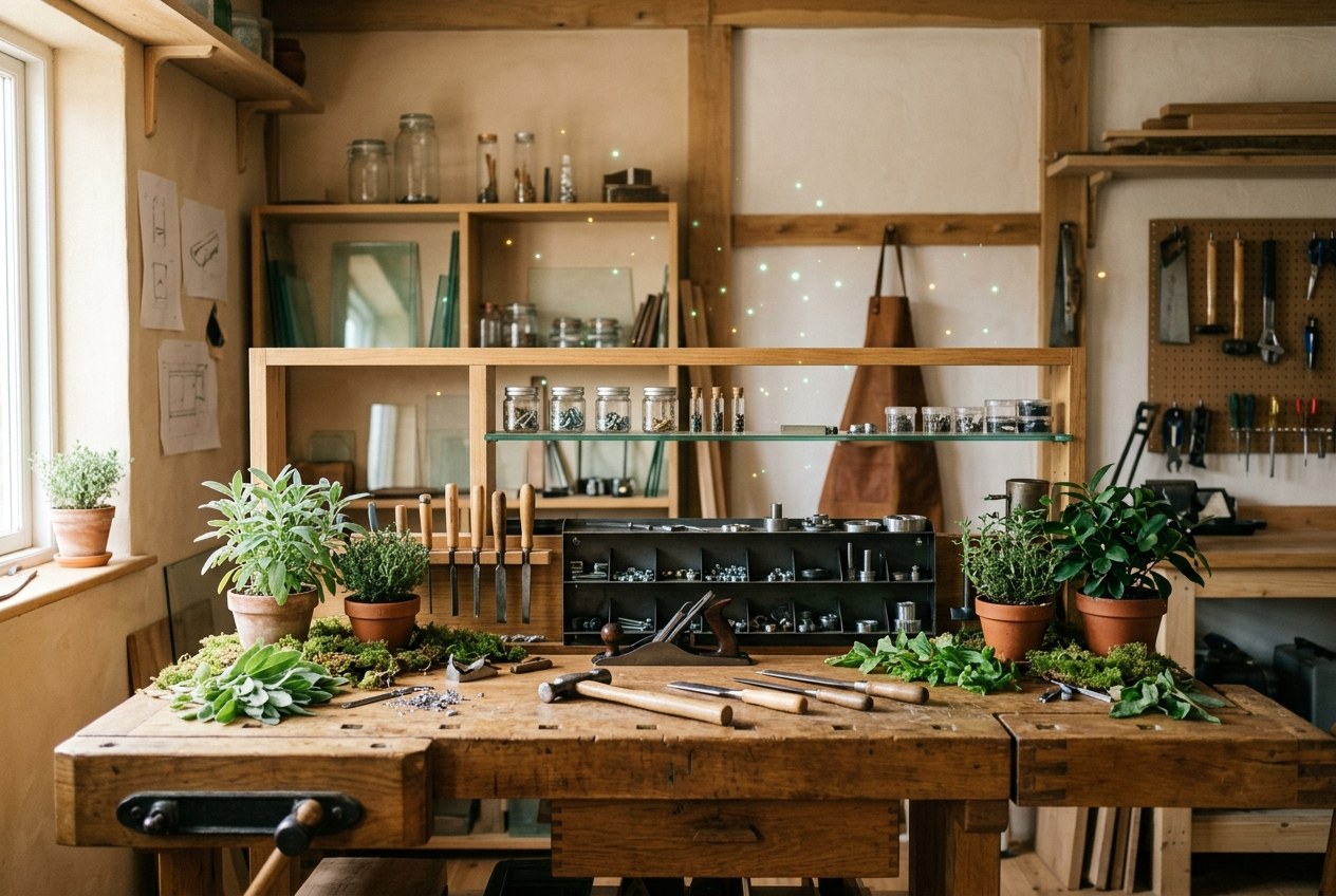 Kleine Werkstatt mit Werkbank aus Holz, Werkzeug und Stahlteilen, dazwischen Glasflächen, Laub, Moos und feine Datenteilchen