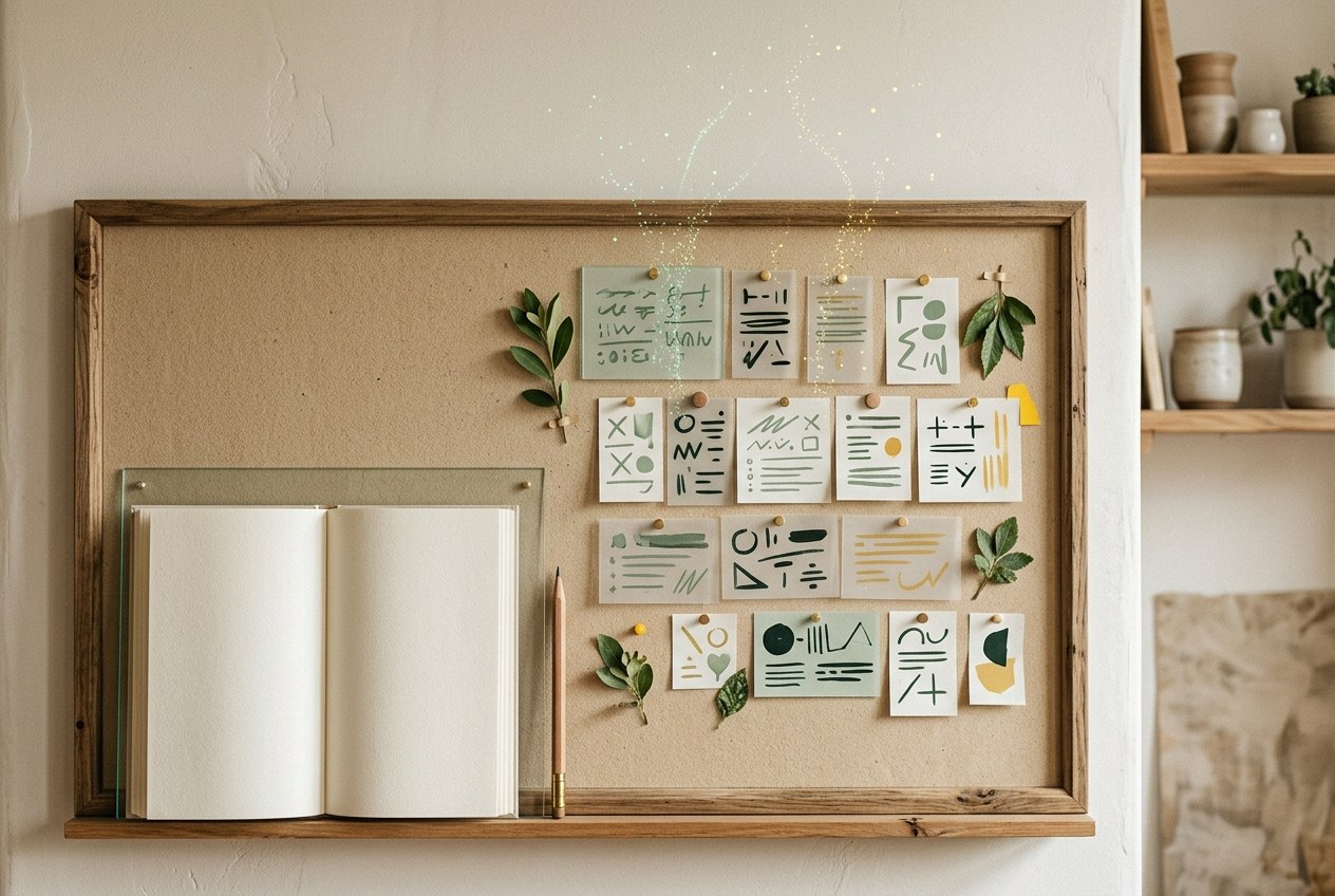 Gläserne Zettelwand mit Karten und aufgeschlagenem Arbeitsheft unter Glas, Bleistift, Blätter und aufsteigende Teilchen