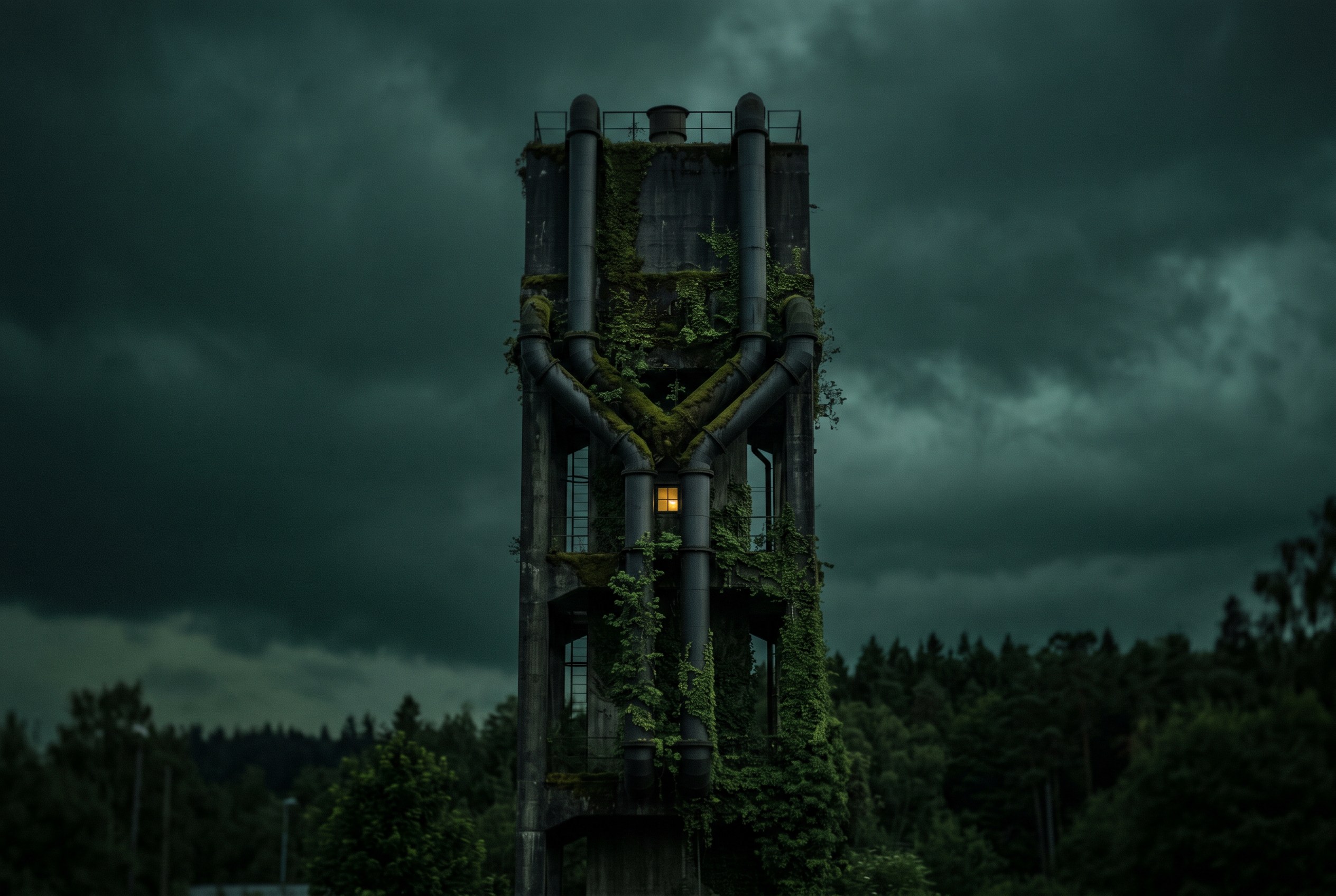 Begrünter Industrieturm mit Y-förmigen Rohren in der Dämmerung