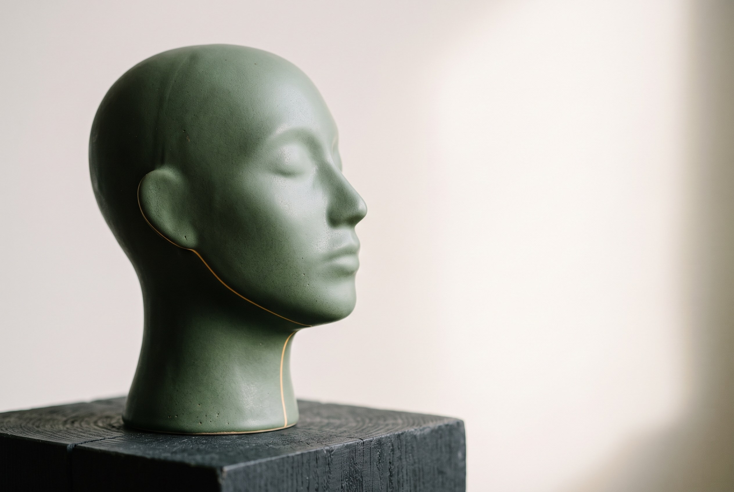 Ruhiges Profil einer grünen Keramikskulptur mit feiner gelber Linie