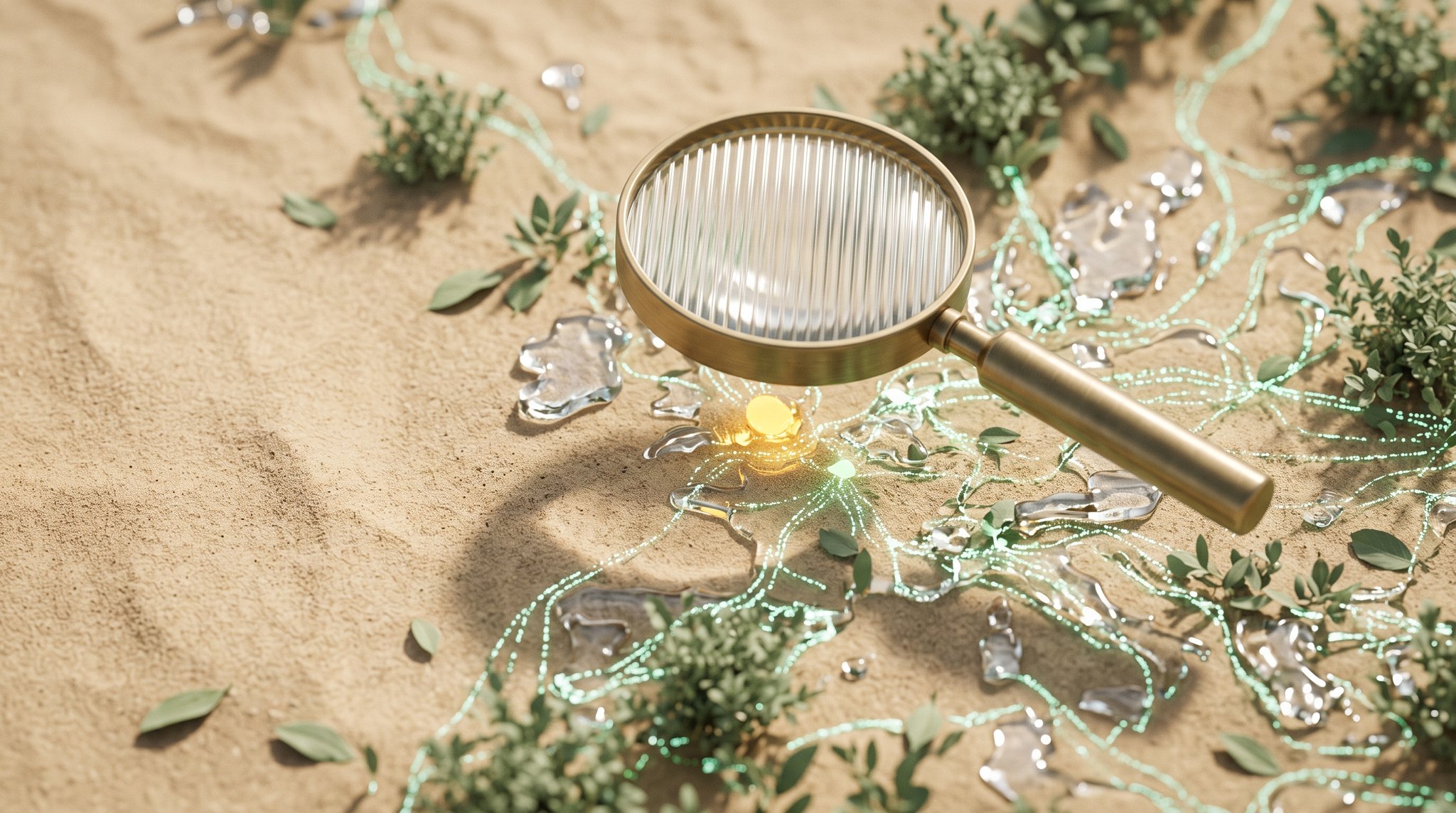 Eine Glaslupe über einer Sandkarte mit verstreuten Glasinseln, die durch Teilchenlinien verbunden sind