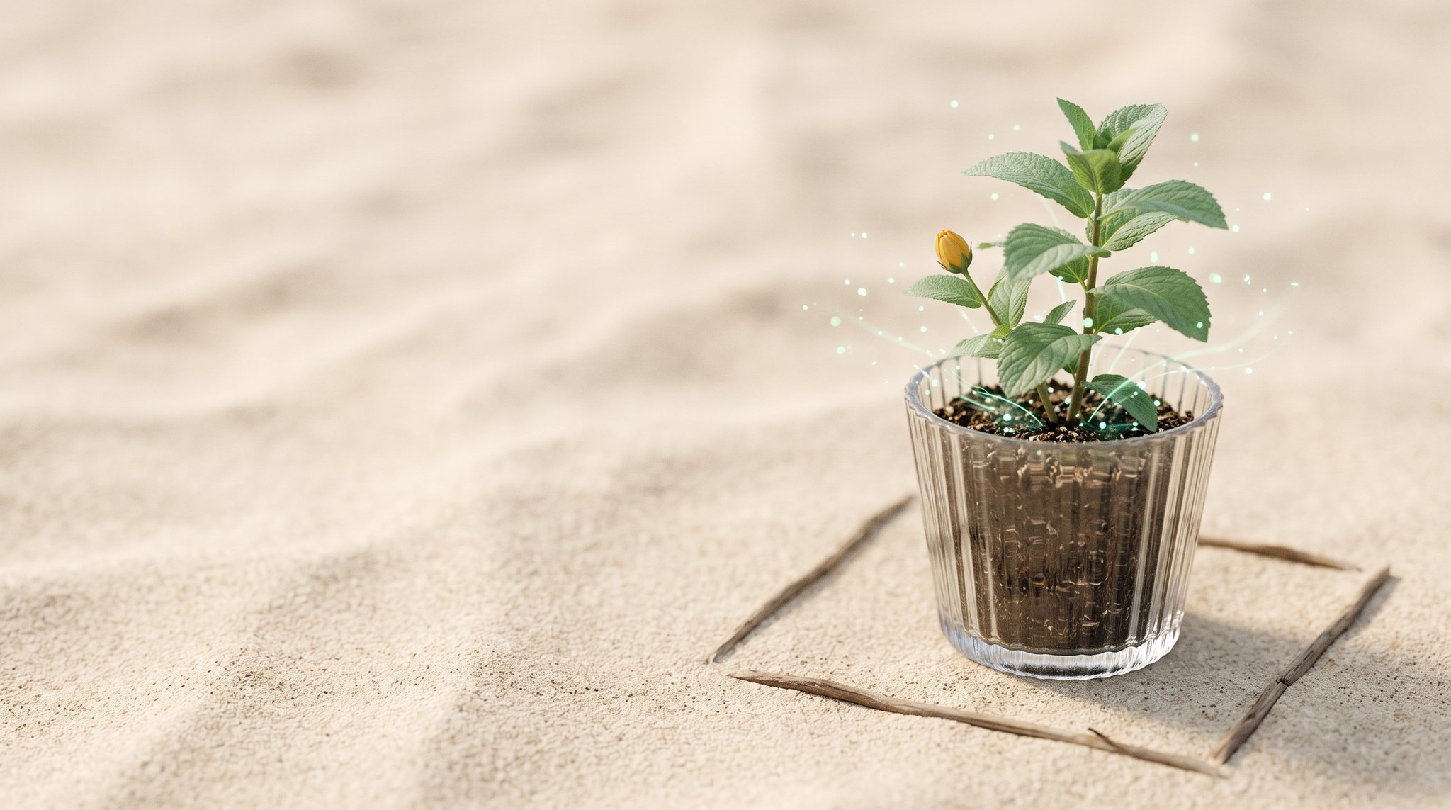 Ein einzelner Setzling im Glastopf auf Sand, von mintfarbenen Teilchen genährt